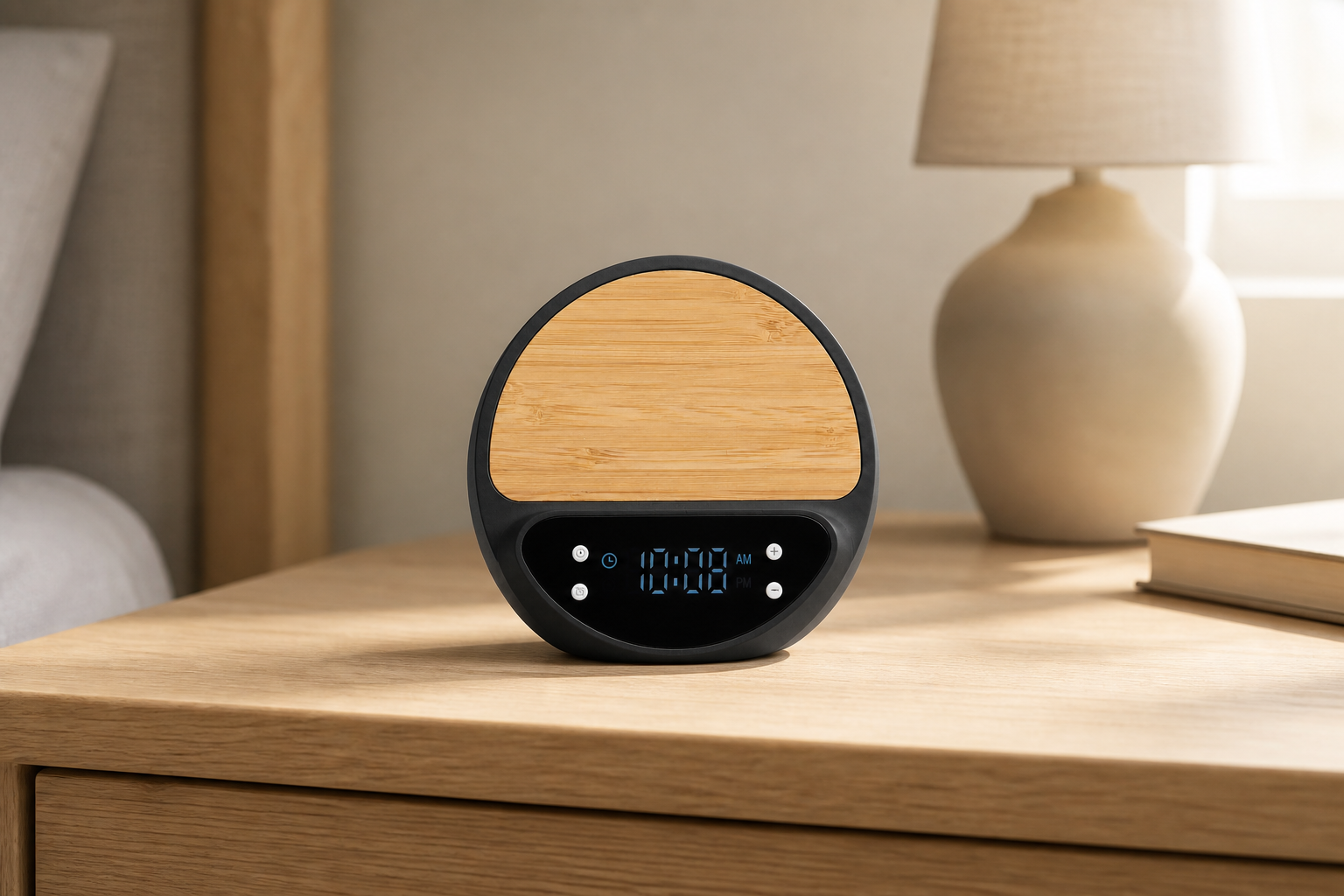 10W Bamboo Wireless Charger With Digital Clock lifestyle